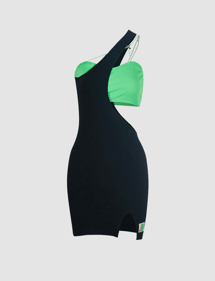 Irregular Patch Mini Split Dress - Y2K Aesthetic, Grunge Style, Coquette Fashion, Cute Outfits