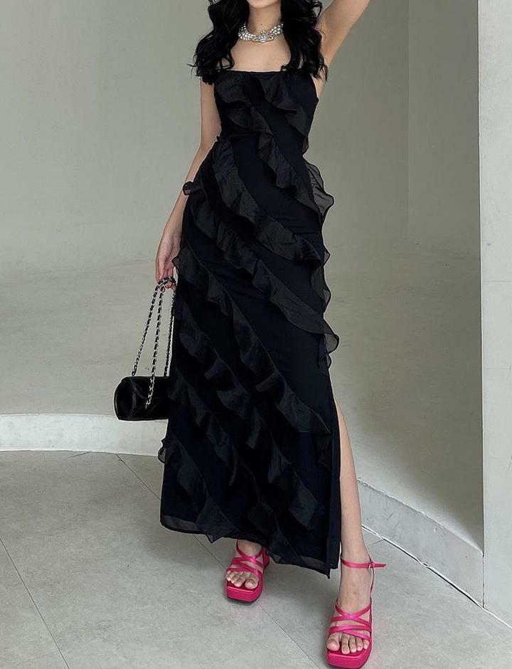 Irregular Ruffle Side Slit Cami Maxi Dress - Y2K Aesthetic, Coquette Style, Cute & Comfy