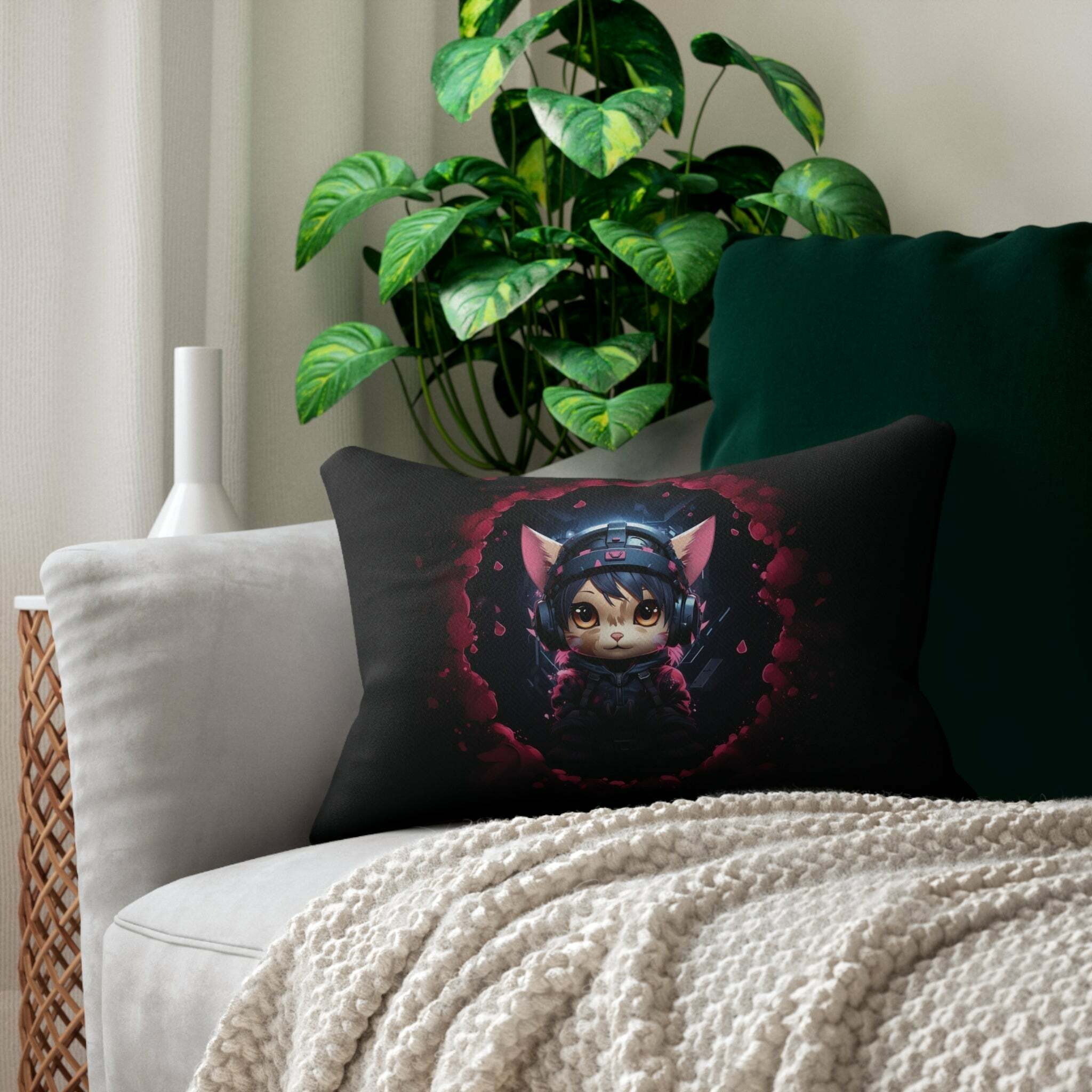 Kawaii Cat Spun Lumbar Pillow - Adorable Y2K Aesthetic Home Decor for Cozy Spaces