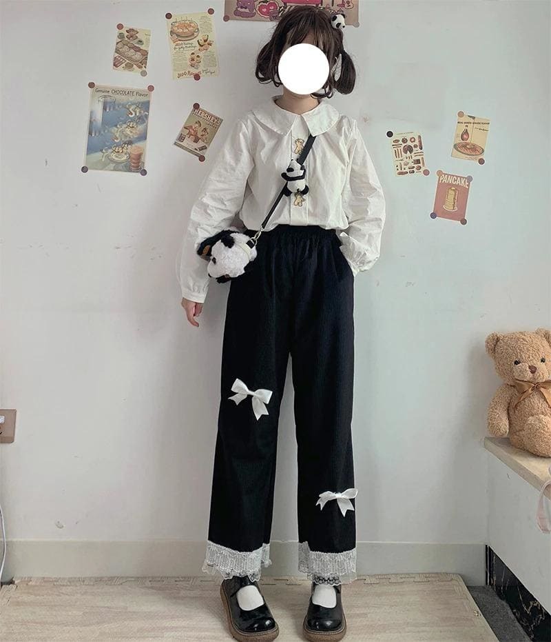Kawaii Lace Corduroy Pants - Y2K Aesthetic, Cute Grunge Style, Coquette Fashion Essential