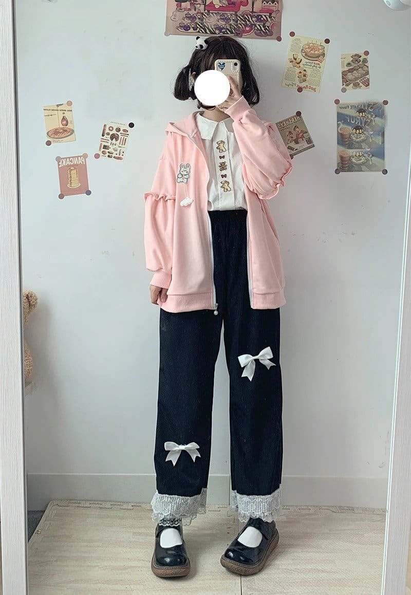 Kawaii Lace Corduroy Pants - Y2K Aesthetic, Cute Grunge Style, Coquette Fashion Essential