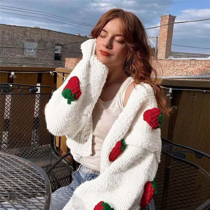 Kawaii Strawberry Cardigan - Y2K Aesthetic Cute Top for Coquette & Grunge Styles