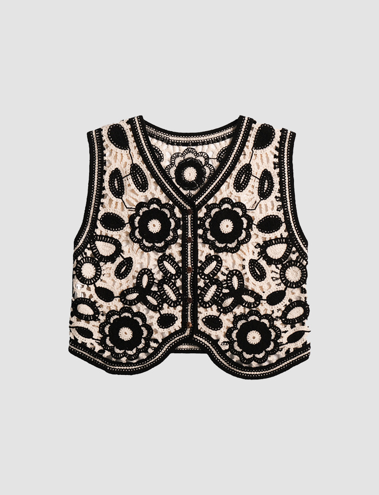 Khaki Floral Hollow Knit Vest - Y2K Aesthetic Top for Coquette & Grunge Styles
