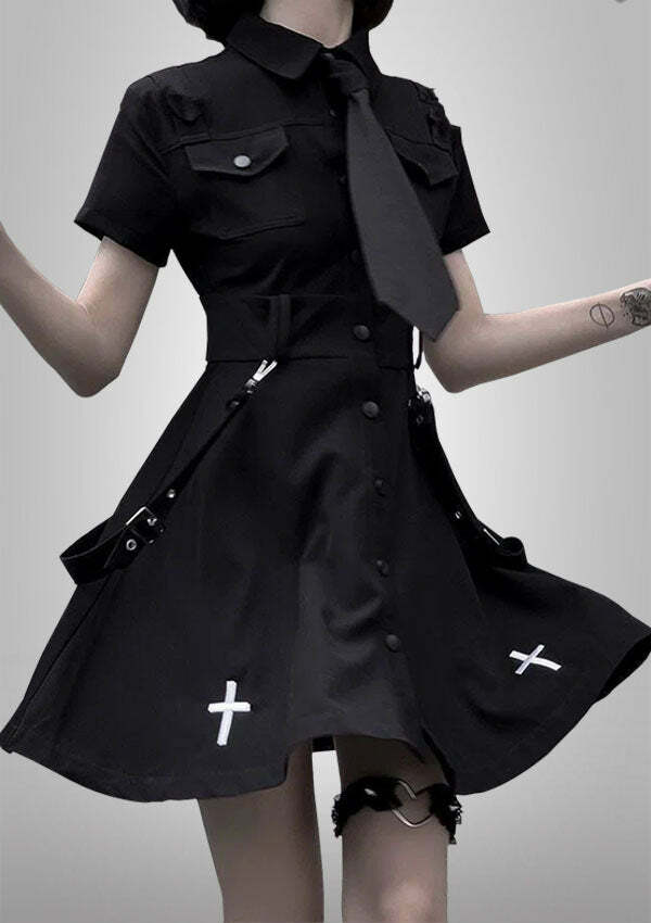 Killer Queen Y2K Aesthetic Black Dress - Coquette Style with Grunge and Preppy Vibes