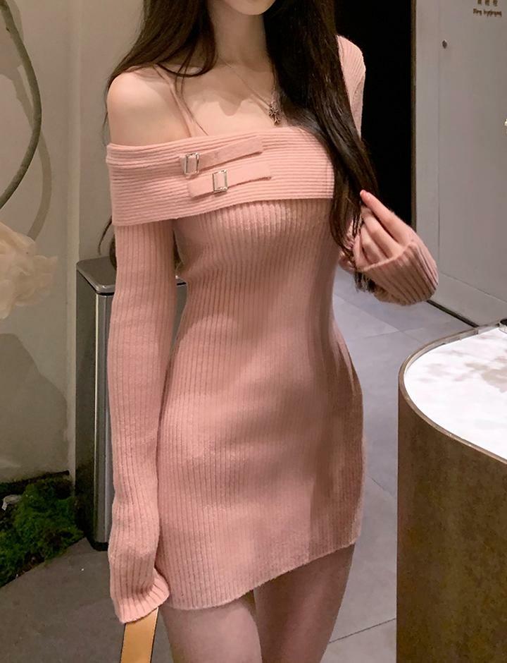 Knit Off-Shoulder Slim Dress - Y2K Fashion, Coquette Aesthetic, Cute & Comfy Style