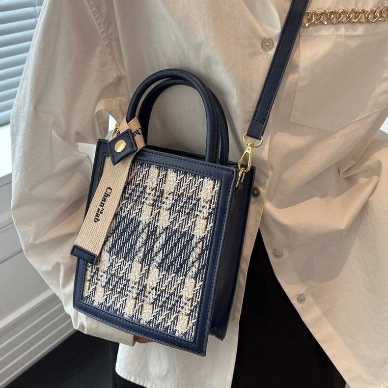 Knitted Plaid & PU Leather Crossbody Bag - Y2K Aesthetic, Coquette Style, Cute Accessories