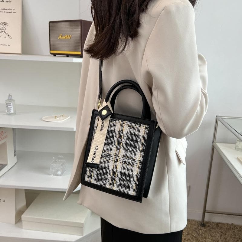 Knitted Plaid & PU Leather Crossbody Bag - Y2K Aesthetic, Coquette Style, Cute Accessories