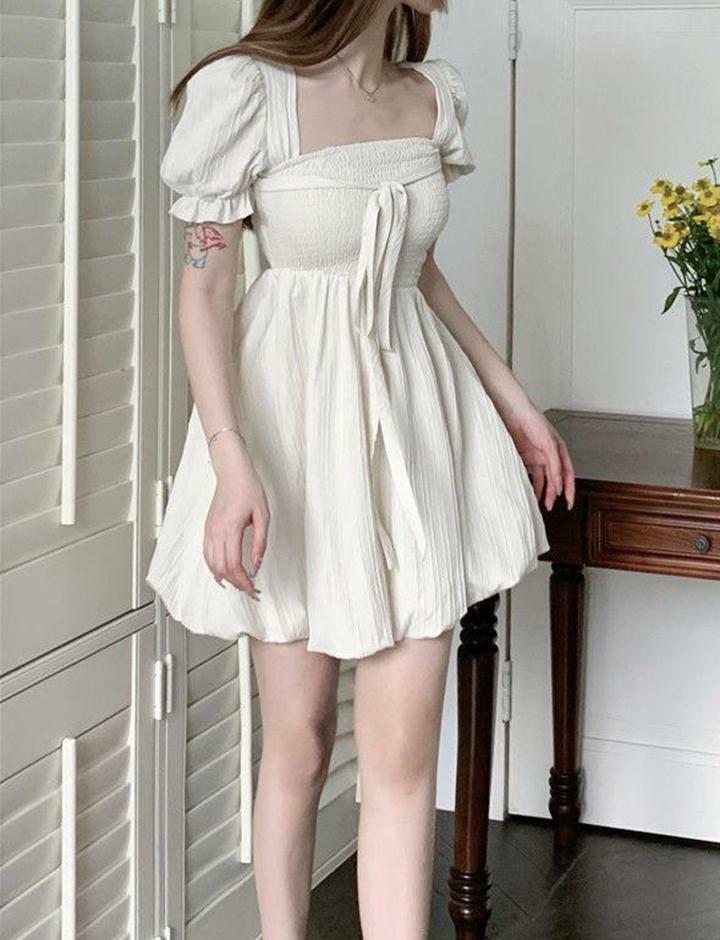 Knot Front Puff Sleeve Smocking Stitch Dress - Y2K Aesthetic Cute Dress for Coquette Style