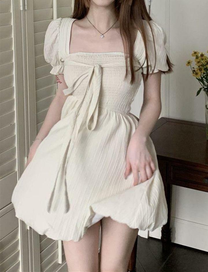 Knot Front Puff Sleeve Smocking Stitch Dress - Y2K Aesthetic Cute Dress for Coquette Style