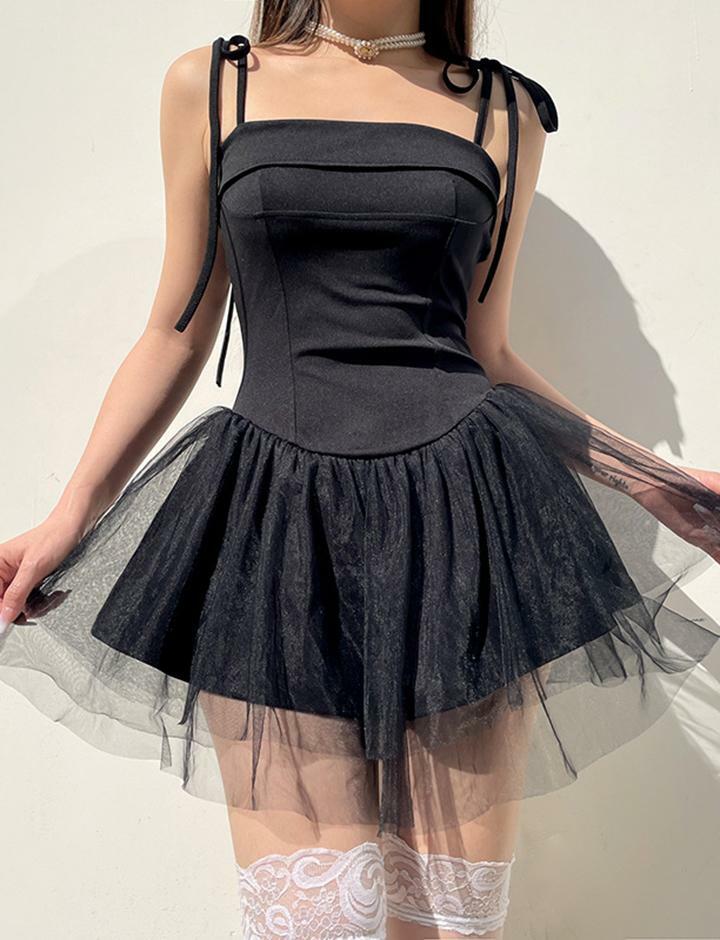 Knot Shoulder Corset Mesh Little Black Dress - Y2K Fashion Party Aesthetic Outfit