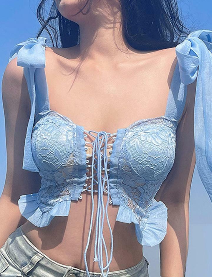 Knot Shoulder Lace-Up Cami Crop Top - Y2K Aesthetic, Cute & Comfy for Coquette & Grunge Styles