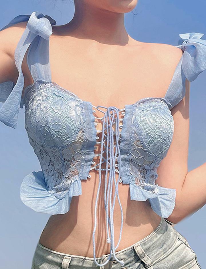 Knot Shoulder Lace-Up Cami Crop Top - Y2K Aesthetic, Cute & Comfy for Coquette & Grunge Styles
