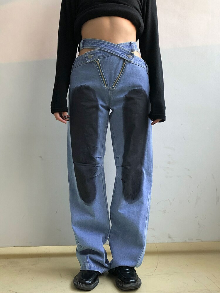 Korean Y2K Baggy Jeans with Hollow Out Design - Trendy Grunge Aesthetic Bottoms