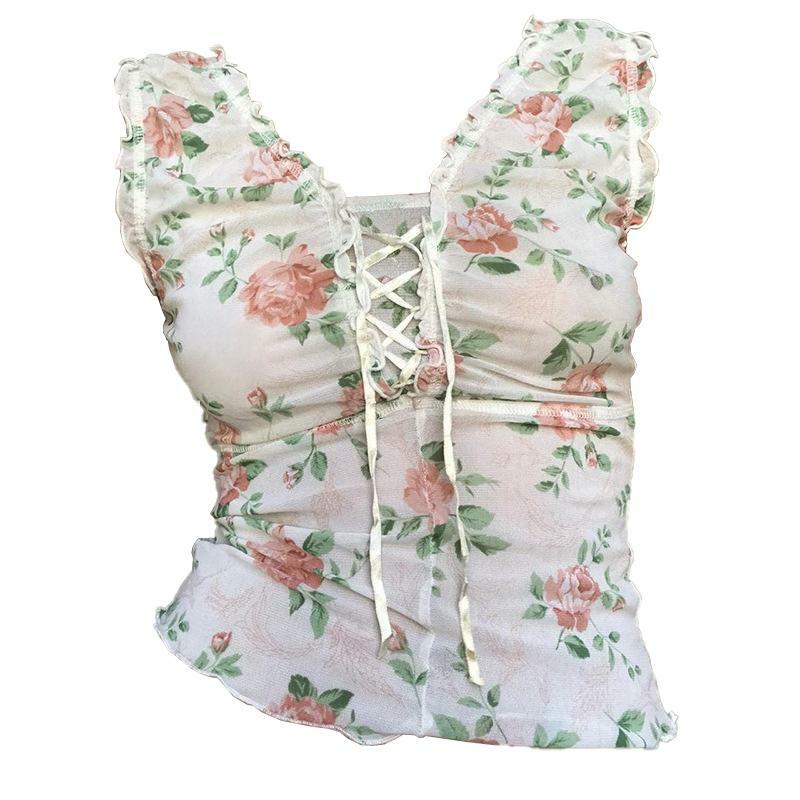 Lace-Up Floral Print V-Neck Ruffle Top - Y2K Aesthetic Cute Top for Coquette & Grunge Styles