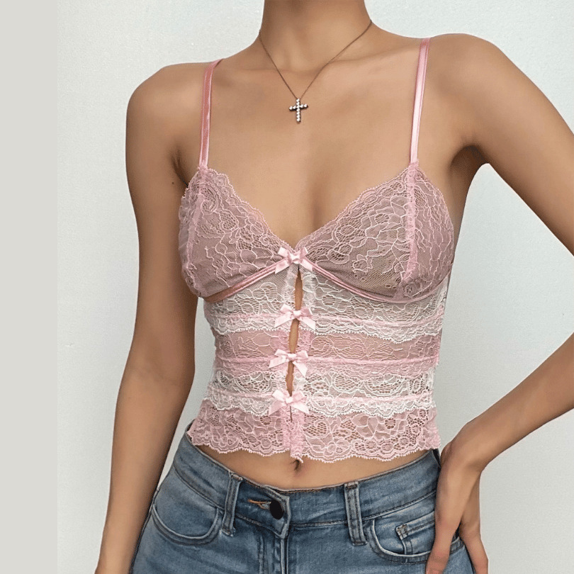 Lace Bowknot Contrast V-Neck Backless Self-Tie Cami Crop Top for Y2K & Coquette Aesthetic
