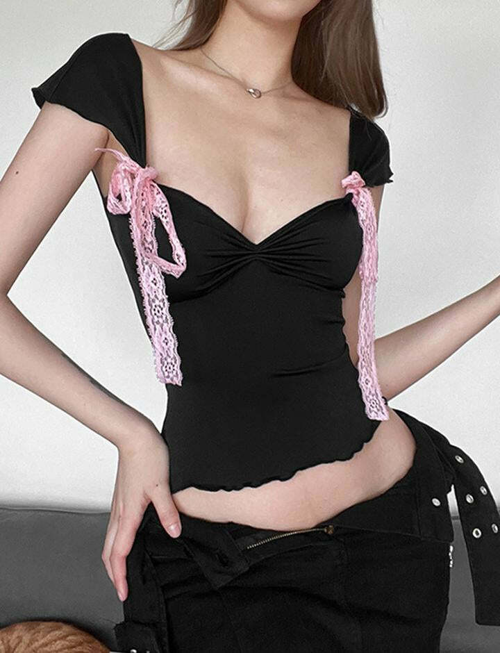 Lace Bowknot Heart Neck Crop Top - Y2K Aesthetic Cute Top for Coquette & Grunge Styles