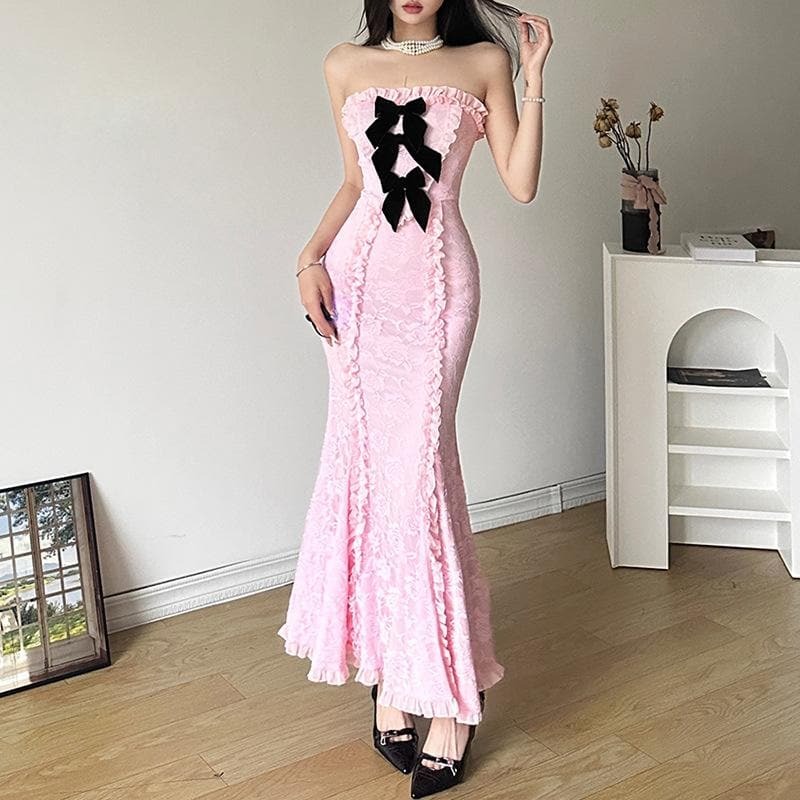 Lace Bowknot Zip-Up Ruffle Backless Maxi Dress - Y2K Coquette Aesthetic Fashion