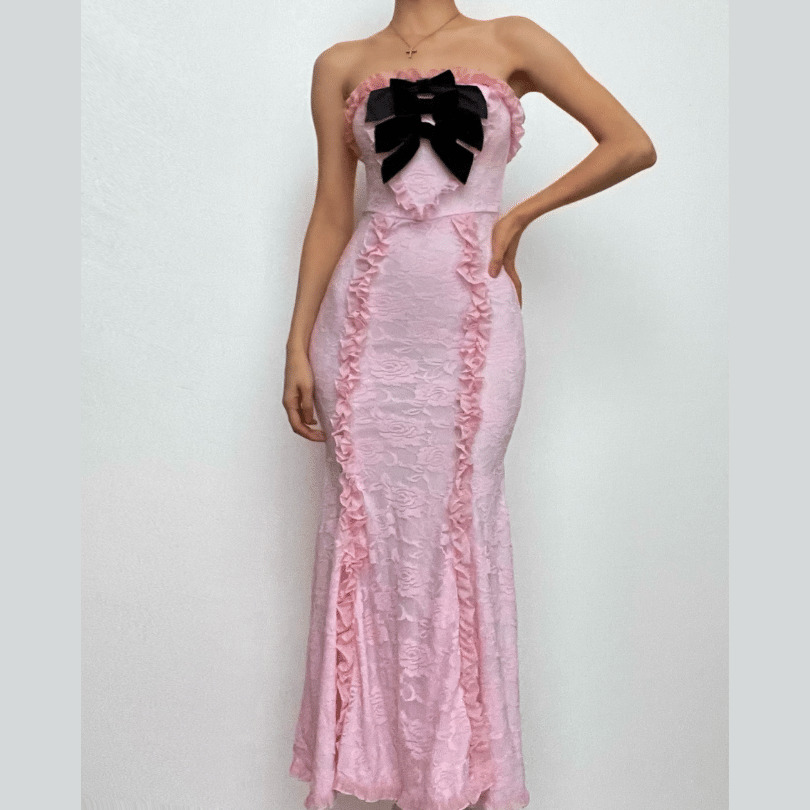 Lace Bowknot Zip-Up Ruffle Backless Maxi Dress - Y2K Coquette Aesthetic Fashion