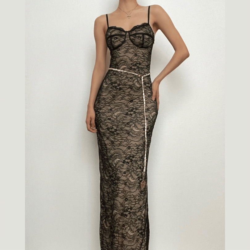 Lace Contrast Backless Cami Maxi Dress - Y2K Aesthetic, Coquette Style, Grunge Fashion