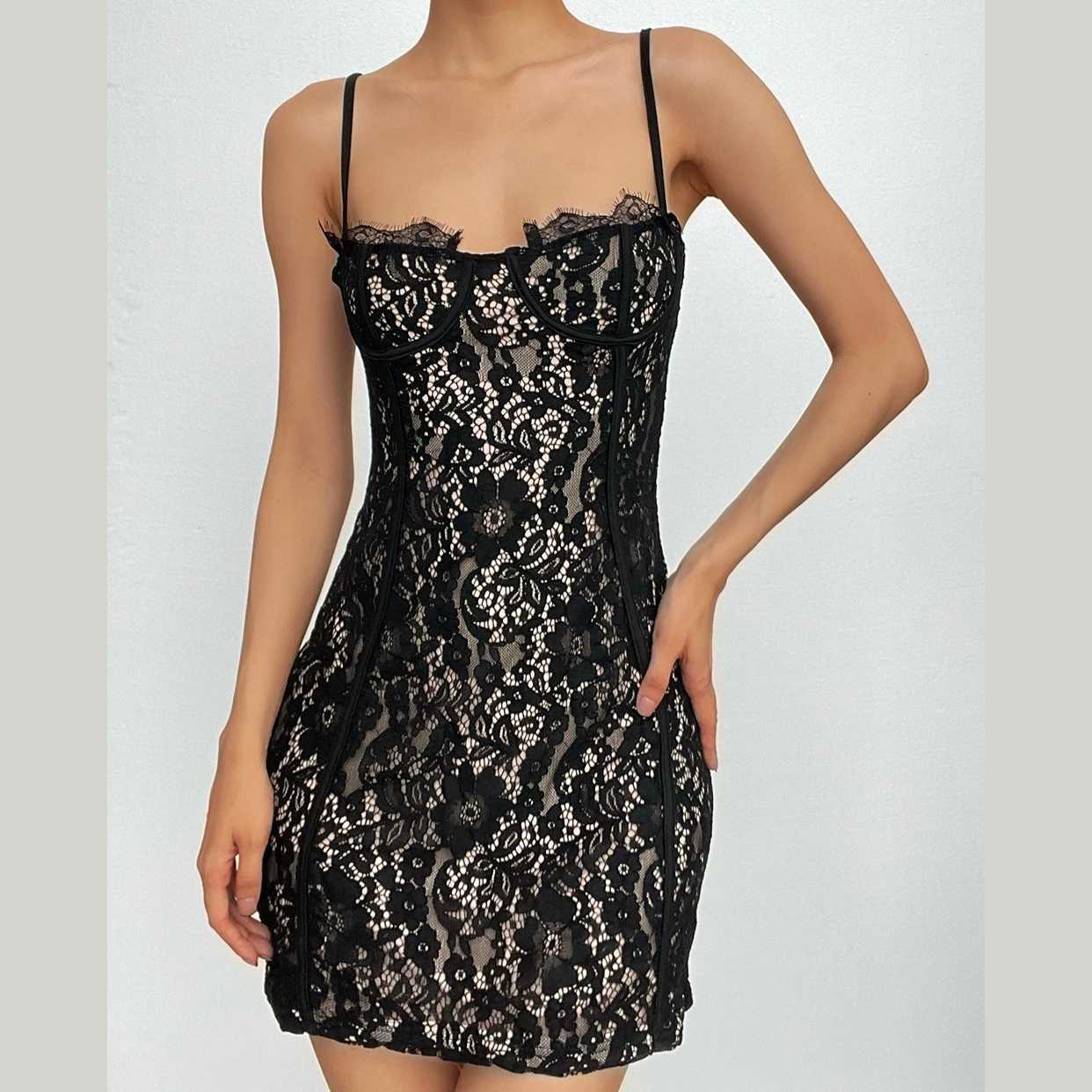 Lace Contrast Backless Cami Mini Dress - Y2K Aesthetic, Coquette Style, Cute Night Out Look