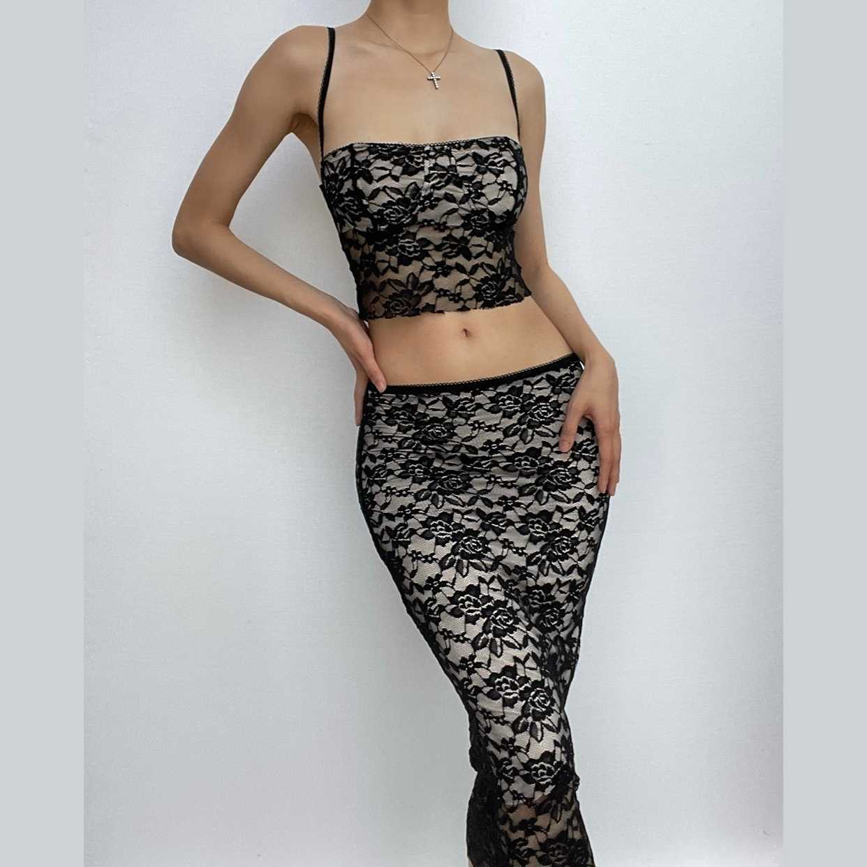 Lace Contrast Backless Square Neck Cami & Midi Skirt Set - Y2K Coquette Aesthetic Outfit