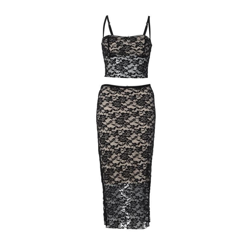 Lace Contrast Backless Square Neck Cami & Midi Skirt Set - Y2K Coquette Aesthetic Outfit