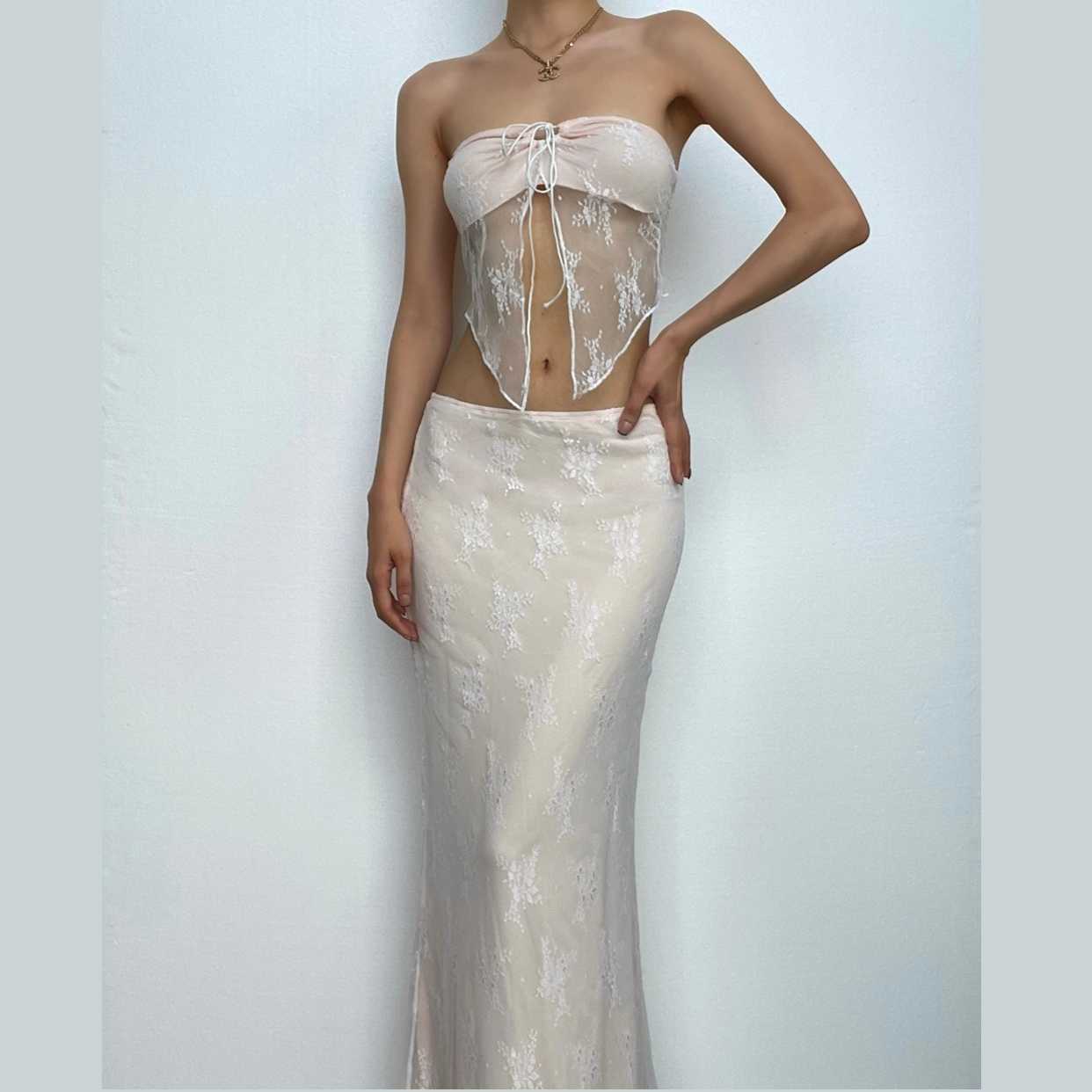 Lace Contrast Backless Tube Maxi Skirt Set - Y2K Aesthetic, Coquette Style, Cute Outfit