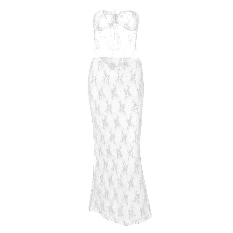 Lace Contrast Backless Tube Maxi Skirt Set - Y2K Aesthetic, Coquette Style, Cute Outfit