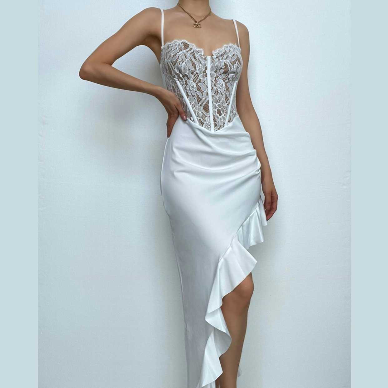 Lace Contrast Corset Sweetheart Neck Ruffle Cami Maxi Dress - Y2K Coquette Aesthetic Fashion