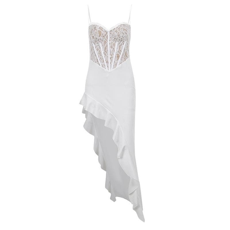 Lace Contrast Corset Sweetheart Neck Ruffle Cami Maxi Dress - Y2K Coquette Aesthetic Fashion