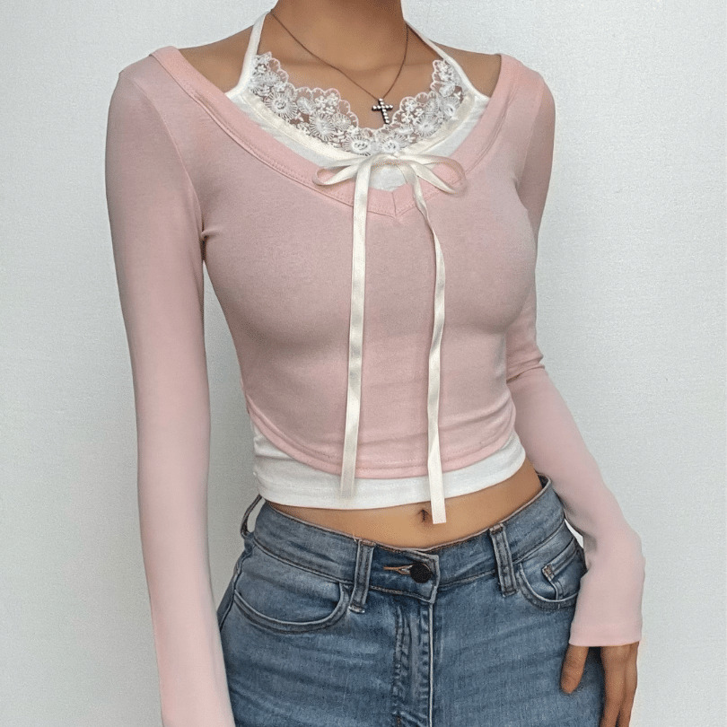 Lace Contrast Halter Patchwork Long Sleeve Crop Top - Y2K Aesthetic Cute Top for Grunge Style