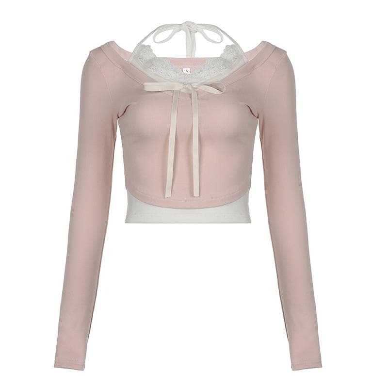 Lace Contrast Halter Patchwork Long Sleeve Crop Top - Y2K Aesthetic Cute Top for Grunge Style