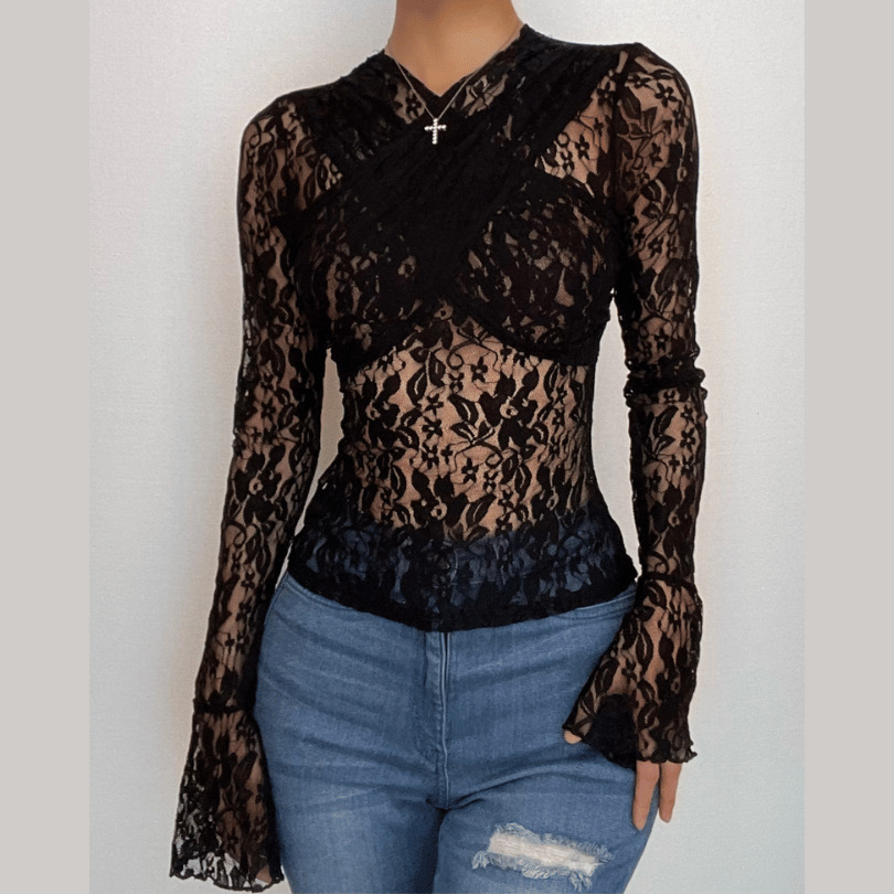 Lace Cross Front Sheer Long Sleeve Top - Y2K Aesthetic, Coquette Style, Cute Layering Piece