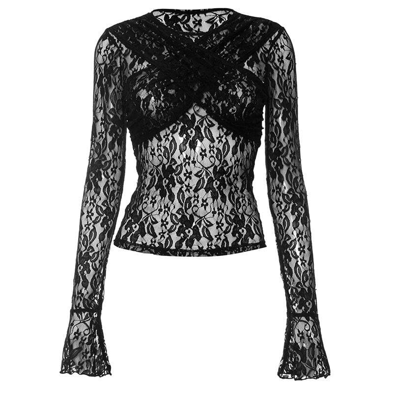 Lace Cross Front Sheer Long Sleeve Top - Y2K Aesthetic, Coquette Style, Cute Layering Piece