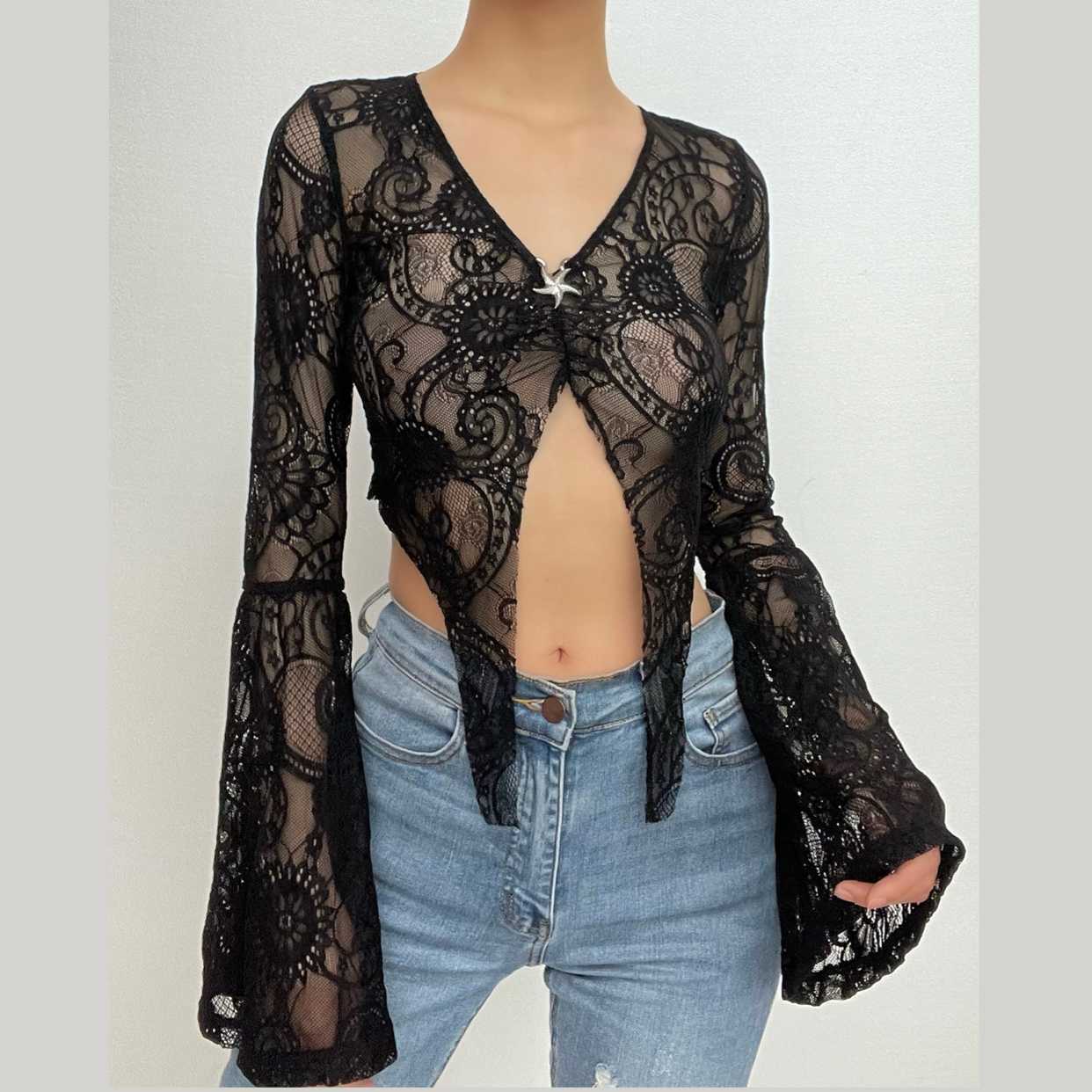Lace Flared Sleeve Star Applique Sheer Crop Top - Y2K Coquette Aesthetic Fashion