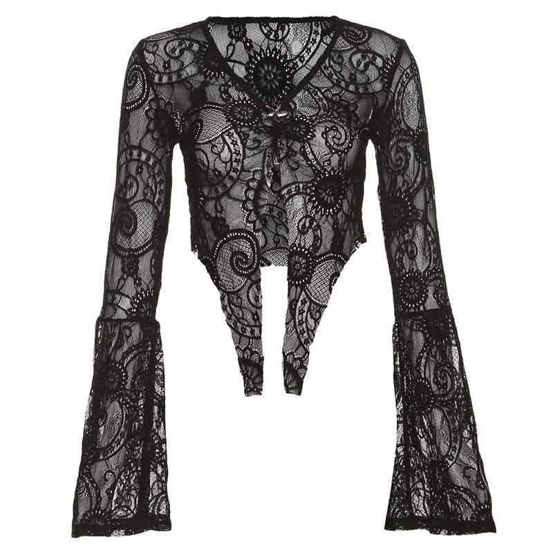 Lace Flared Sleeve Star Applique Sheer Crop Top - Y2K Coquette Aesthetic Fashion