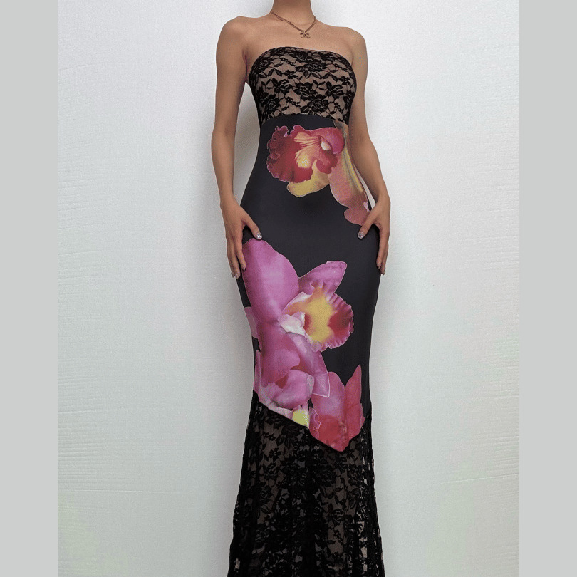 Lace Flower Print Patchwork Backless Tube Maxi Dress - Y2K Aesthetic & Coquette Style