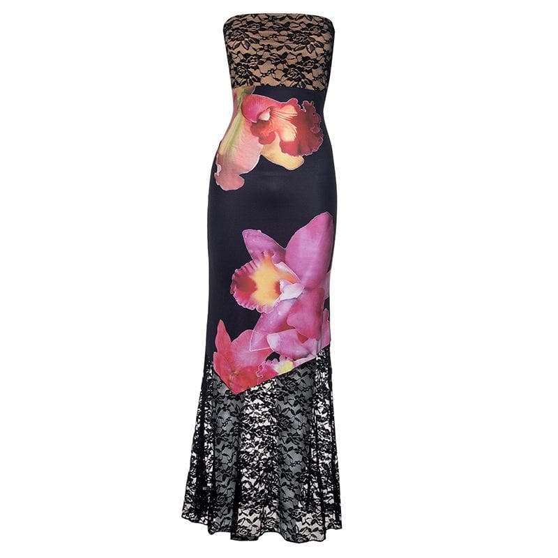 Lace Flower Print Patchwork Backless Tube Maxi Dress - Y2K Aesthetic & Coquette Style
