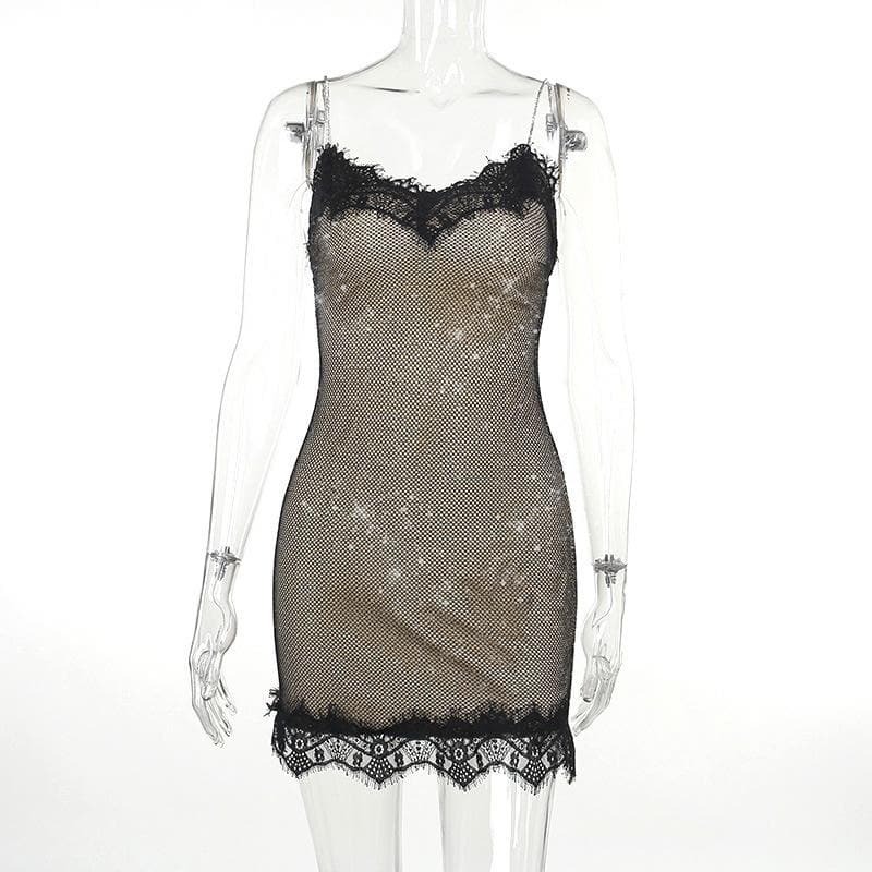 Lace Glitter Patchwork Zip-Up V-Neck Cami Mini Dress - Y2K Coquette Aesthetic Fashion
