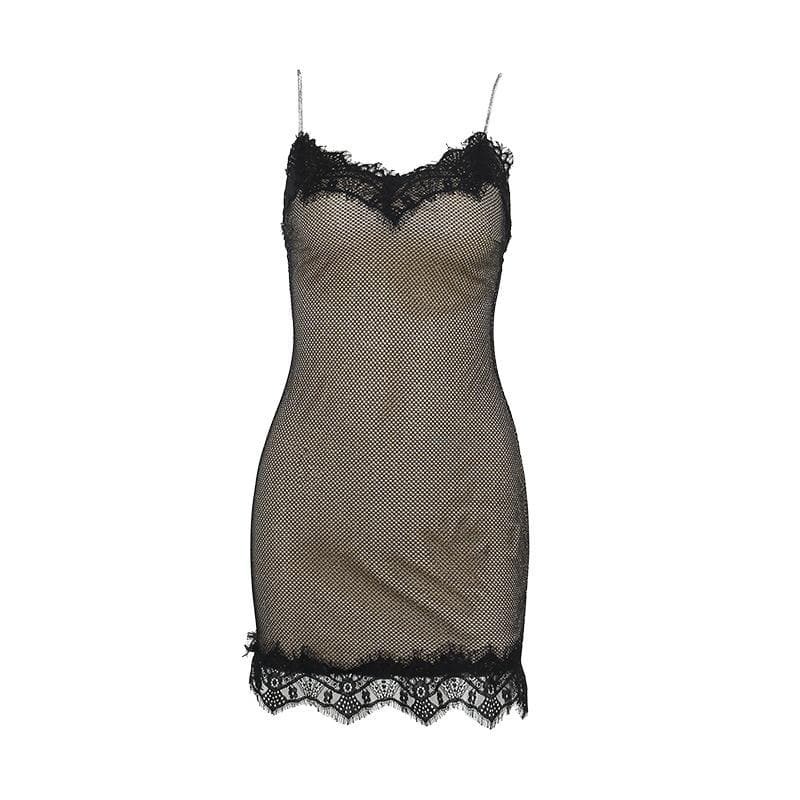 Lace Glitter Patchwork Zip-Up V-Neck Cami Mini Dress - Y2K Coquette Aesthetic Fashion