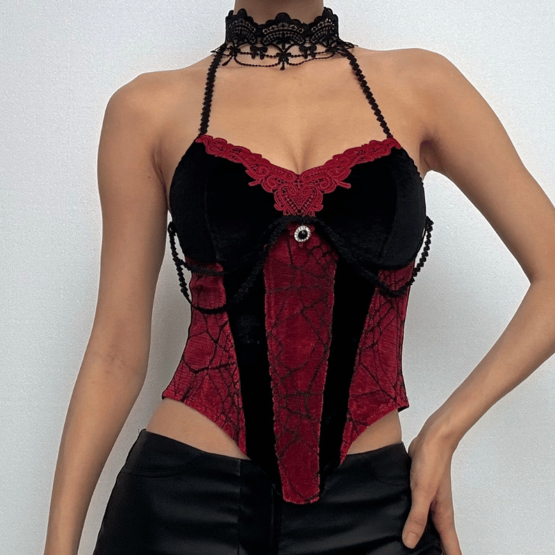 Lace Hem Backless Velvet Corset Top | Y2K Grunge Aesthetic & Coquette Style Dress