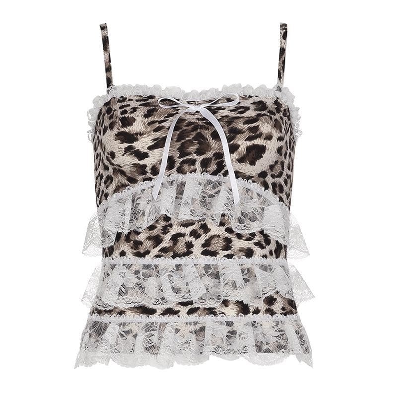 Lace Hem Bowknot Leopard Print Ruched Cami Top - Y2K Fashion & Coquette Aesthetic Style