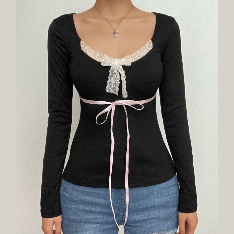 Lace Hem Bowknot Long Sleeve Top - Y2K Fashion, Coquette Aesthetic, Cute Tops & Grunge Style