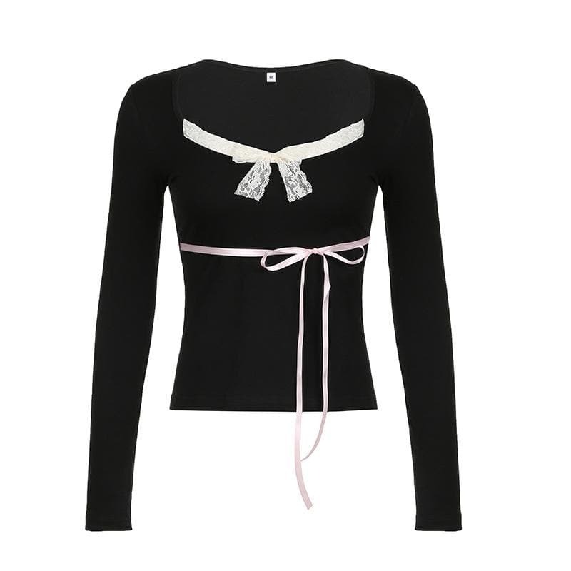 Lace Hem Bowknot Long Sleeve Top - Y2K Fashion, Coquette Aesthetic, Cute Tops & Grunge Style
