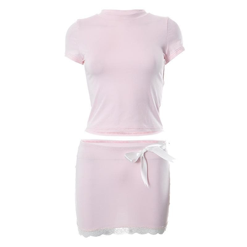 Lace Hem Bowknot Y2K Mini Skirt Set - Cute Coquette Aesthetic Outfit for Fall Fashion