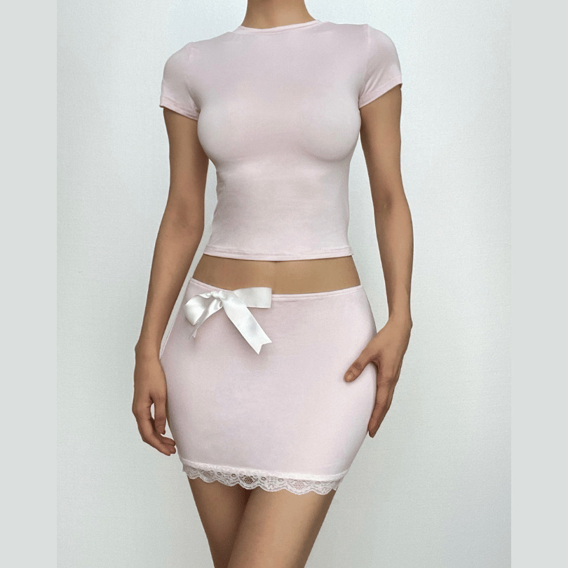 Lace Hem Bowknot Y2K Mini Skirt Set - Cute Coquette Aesthetic Outfit for Fall Fashion