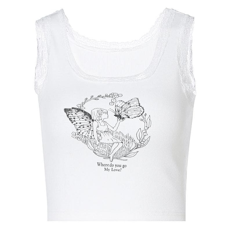 Lace Hem Butterfly Contrast Sleeveless Ribbed Crop Top - Y2K Aesthetic Cute Top
