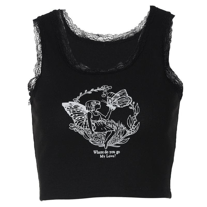 Lace Hem Butterfly Contrast Sleeveless Ribbed Crop Top - Y2K Aesthetic Cute Top