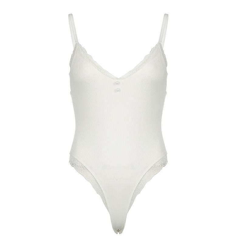 Lace Hem Button Ribbed V-Neck Cami Bodysuit - Y2K Aesthetic Cute Top for Coquette Style