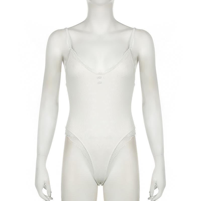 Lace Hem Button Ribbed V-Neck Cami Bodysuit - Y2K Aesthetic Cute Top for Coquette Style